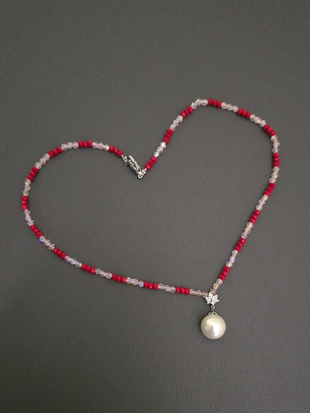 Red and Clear Spinel Beads Pearl Pendant Necklace